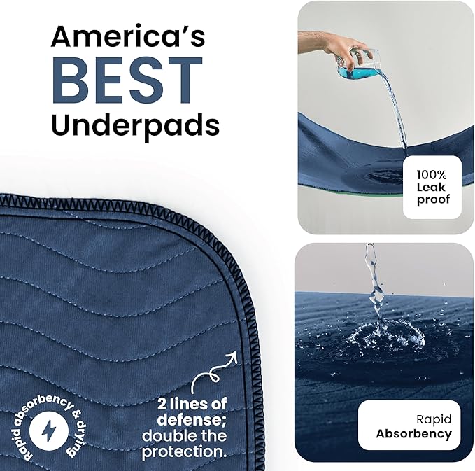 IMPROVIA® Washable Underpads, Heavy Absorbency Reusable Incontinence Pads for Kids, Adults, Elderly, and Pets, Waterproof Protection Floor - Navy & Green, 34"x36" (Pack of 4) - Image 2