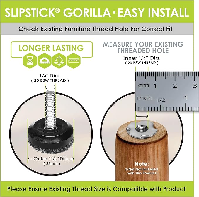 Slipstick Gorilla Outdoor Adjustable Furniture Levelers (8 Pack) Weatherproof Screw in Leg Glides for Chairs, Tables, and Outdoor Furniture Feet (Berber Glide, ¼”-20 BSW Thread) - Image 3
