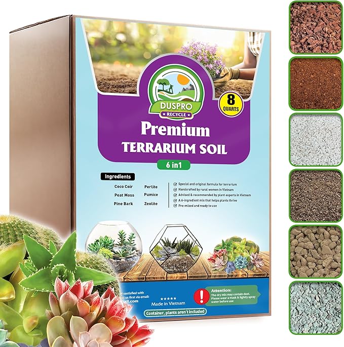 DUSPRO Recycle Premium 6in1 Terrarium Soil Mix – Pre-Mixed Terrarium Substrate Mix for Terrariums, Balanced Moisture Growing Medium with Coco Coir, Peat Moss, Pine Bark, Perlite, Pumice & Zeolite 8QRT by DUSPRO