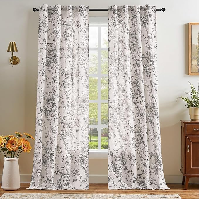jinchan Linen Floral Curtains 96 Inch Length for Living Room Bedroom Light Filtering Farmhouse Peony Flower Drapes Rustic Window Curtain Set Rod Pocket Back Tab 2 Panels Black by JINCHAN