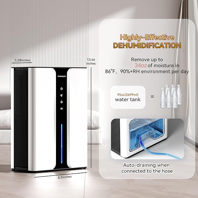 Home Dehumidifier with Drain Hose, (950 sq.ft) 95oz Quiet dehumidifier for Bedroom Bathroom, with Air Reusable Filter Indoor deshumidificador for Basement RV Closet - Image 3