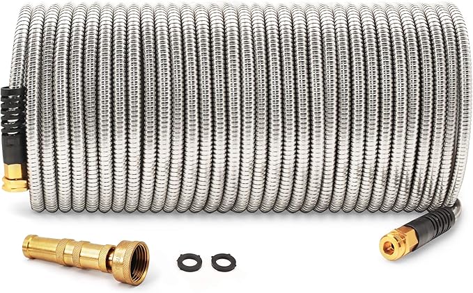 Cesun Metal Garden Hose 100 foot - 304 Stainless Steel Water Hose, Flexible, Lightweight and No-Kink Metal Hose with Brass Nozzle for Outdoor, Yard by Cesun