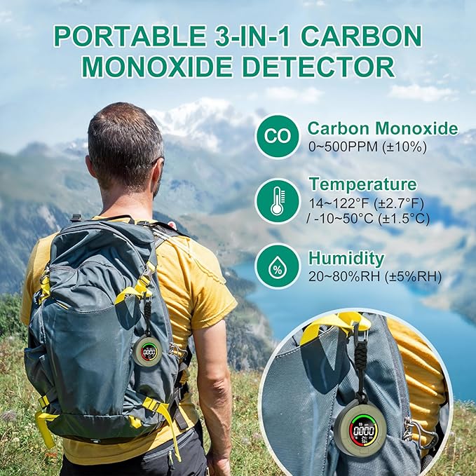 Portable Carbon Monoxide Detector for Travel, Mini 3-in-1 Carbon Monoxide Monitor with Magnetic Suction, RV CO Detector Alarm Temp/Humidity Sensor, Rechargeable CO Monitor 120-140HR Standby - Image 2