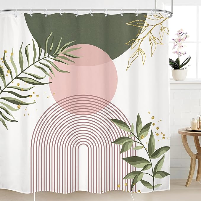 Green Pink Boho Shower Curtain 72Wx72H Modern Bohemian Abstract Sage Green Gold Leaves Plant Botanical Minimalist Bathroom Decor Geometric Neutral Bath Curtain Fabric Polyester 12 Pack Hook by MitpokBrand