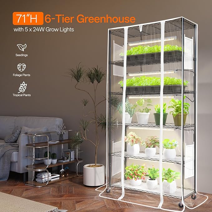 Bstrip Indoor Greenhouse with Grow Light, Mini Green house with 5 Pack T8 Full Spectrum Plant Lights, Plant Shelf with Tent for Indoor Plant, Seed Starting, Seed Tray, 35.4"x13.8"x71" - Image 2
