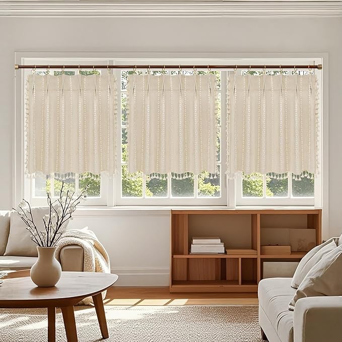Beige Boho Farmhouse Window Curtain with Tassels, 30 x 36 Inch Light Filtering Sheer Short Cafe Window Curtain Tier, Linen Textured Pleated Small Window Drape for Kitchen or Bathroom, 1 Panel - Image 8