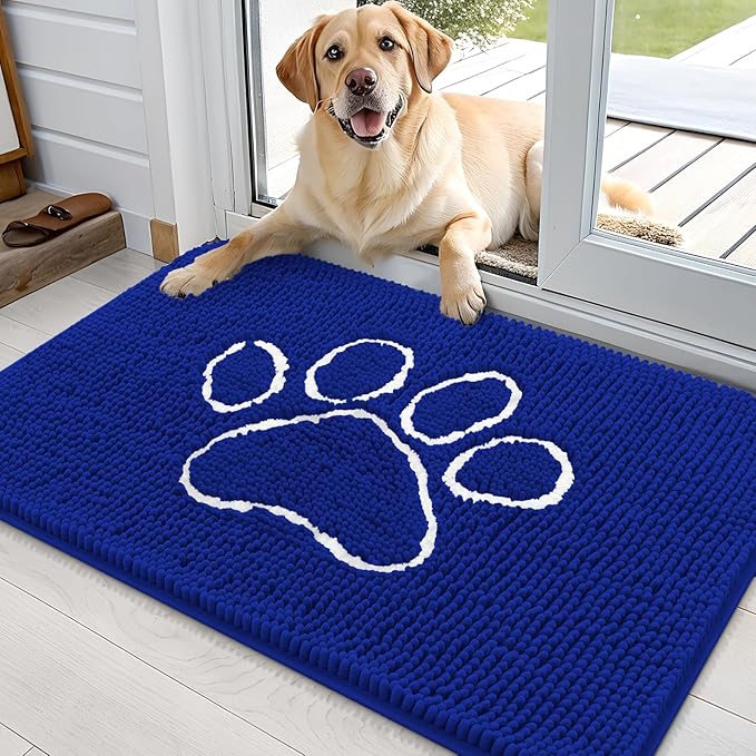 OLANLY Dog Door Mat for Muddy Paws 36x24, Paw Print Design, Absorbs Moisture and Dirt, Non-Slip Washable Doormat, Quick Dry Chenille Mud Mat for Dogs, Entry Indoor Entryway Carpet, Royal Blue by OLANLY