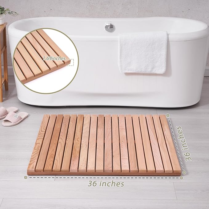bingaai Cedar Wood Shower Mat 36" × 36" Square, Cedar Wooden Bath Mats, Wood Bath Mat for Inside or Outside Shower, Cedar Sauna Floor Mat Large,Non-Slip Shower Platform - Image 4