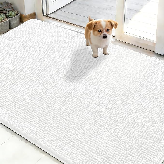 OLANLY Dog Door Mat for Muddy Paws 48x30, Absorbs Moisture and Dirt, Absorbent Non-Slip Washable Doormat, Quick Dry Chenille Mud Mat for Dogs, Entry Indoor Entryway Carpet for Inside Floor, White by OLANLY