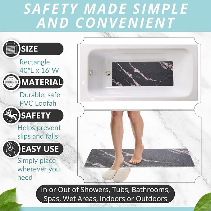 Non Slip Bathtub Mat Shower Mat for Tub - Loofah Bath Mats for Bathroom - 40x16 Bathtub Floor Mat - Textured Anti Slip Bath Mat Without Suction Cups - Secure Mat for Wet Areas (40x16 Marble Black) - Image 3