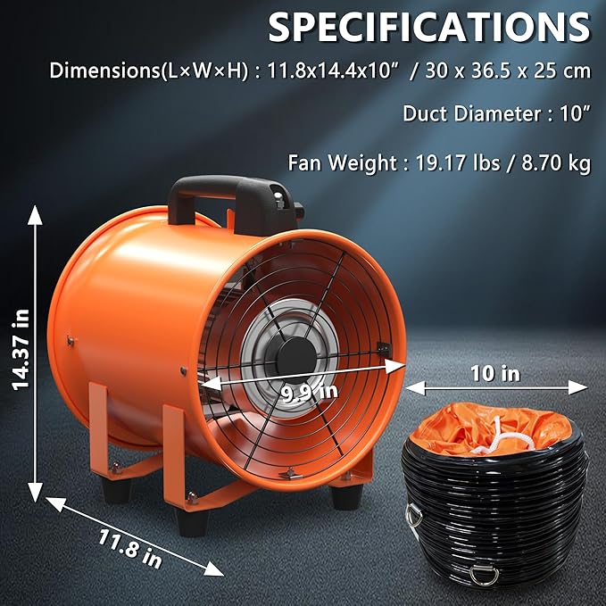 10 Inch Utility Blower Fan 1600CFM Industrial Portable Exhaust Fan with 16.4Ft Duct Hose, 3300 r/min High Velocity Ventilation Extraction and Ventilation Fan - Image 3