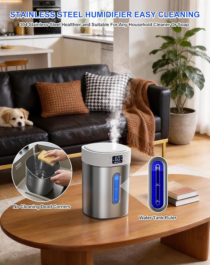 Humidifiers for Bedroom Large Room Baby, 4L Ultrasonic Cool Mist Humidifier, 304 Stainless Steel humidifiers, Auto Humidity Control, Humidity Display, Night Light, Quiet,Timer,Aromatherapy - Image 6