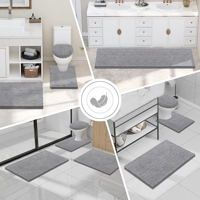 Smiry Luxury Chenille Bathroom Rugs 30x20, Extra Soft and Absorbent Shaggy Bath Mat, Machine Washable, Non-Slip Plush Carpet Runner for Tub, Shower, and Floor, Home Decor Accessories, Grey - Image 7