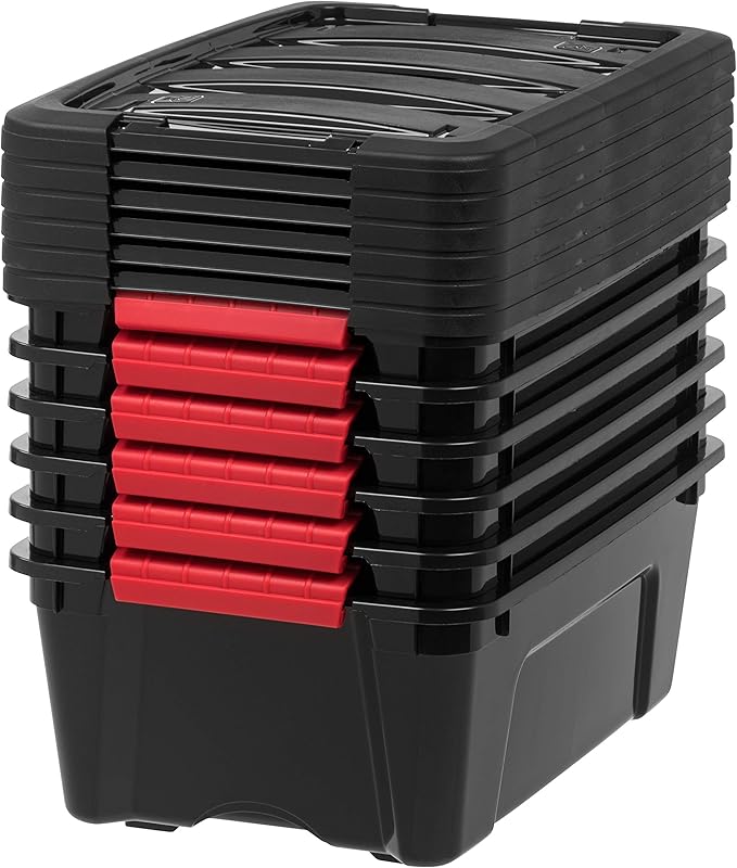 IRIS USA 13 QT Plastic Storage Box with Lid and Latches - 6 Pack - BPA-Free, Garage Organizing Solution, Durable Nestable Stackable Containers, Secure Pull Handle - Black - Image 6