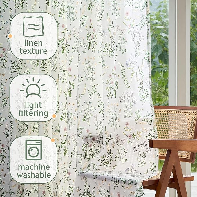 jinchan Floral Linen Blend Curtains for Living Room 96 Inch Length French Country Farmhouse Printed Curtains Sage Green on White Rod Pocket Back Tab Light Filtering Window Drapes 2 Panels - Image 4