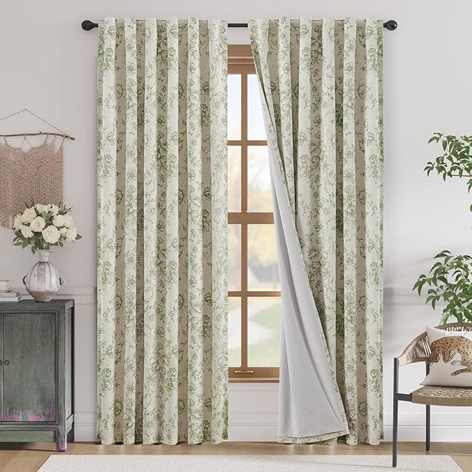 jinchan Blackout Curtains Linen Blend Floral Curtain for Living Room 90 Inch Length Farmhouse Printed with Lined Blackout Drapes for Bedroom Sage Green Flower Curtains Set 2 Panels by JINCHAN