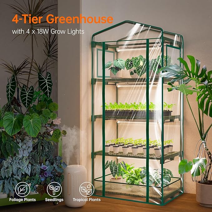 Bstrip Indoor Greenhouse with Grow Lights, PVC Tent with Waterproof Base Mat, Airflow Windows&Zippered Door, 4Pcs Grow Lights for Seed Starting with Timer, 4-Tier Greenhouse Shelf 27.2x19.3x61.8in - Image 2