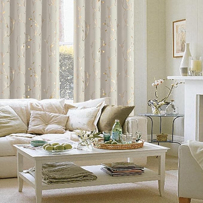 BUHUA Blackout Curtains Gold Foil Print Flower Vine Grommet Drapes, Room Darkening Thermal Insulated Curtains, Noise Reducing Curtain for Bedroom, Natural, 52Wx84L, 2 Panels - Image 3