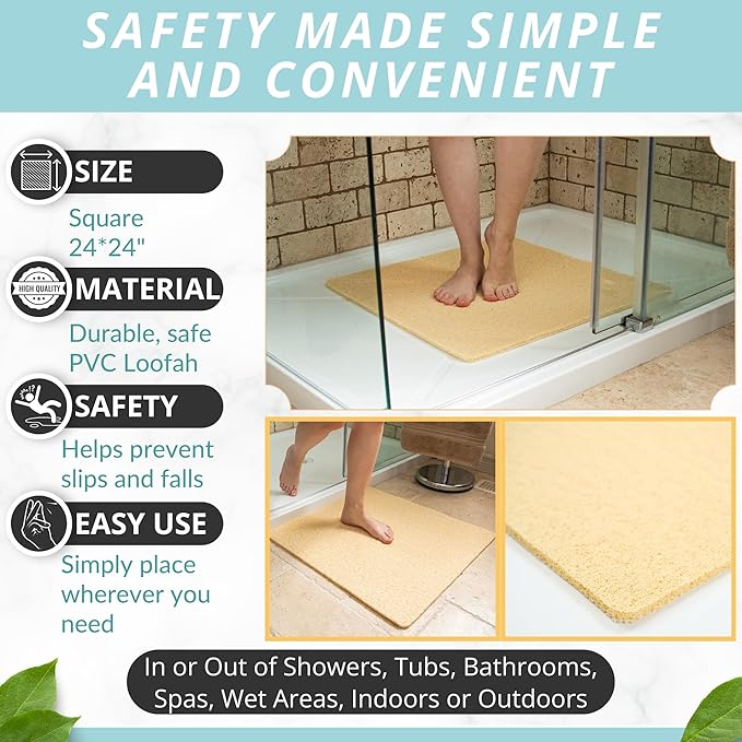 Enkosi Loofah Shower Mat Non-Slip - Anti-Slip Bath Mat for Inside Showers, Tub, Bathtub, Bathroom - Quick Dry PVC with Drain Holes - Cushioned Safety Grip - Secure for Kids and Elderly (Beige 24x24) - Image 3
