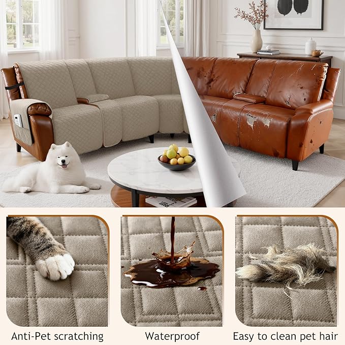 Arfntevss Waterproof Recliner Sectional Couch Covers for Reclining L Shape Sofa Cover Non Slip Washable L Shaped Slipcover Sets for Dog Furniture Protector (5 Seat with 2 Console Cover, Camel) - Image 6