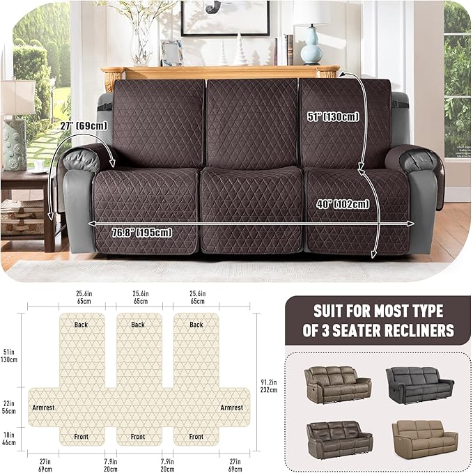 TAOCOCO 100% Waterproof Recliner Cover, Non-Slip Washable Reclining Couch Cover with Elastic Leg Straps, Furniture Protector for Dogs (Chocolate, 3 Seater) - Image 3