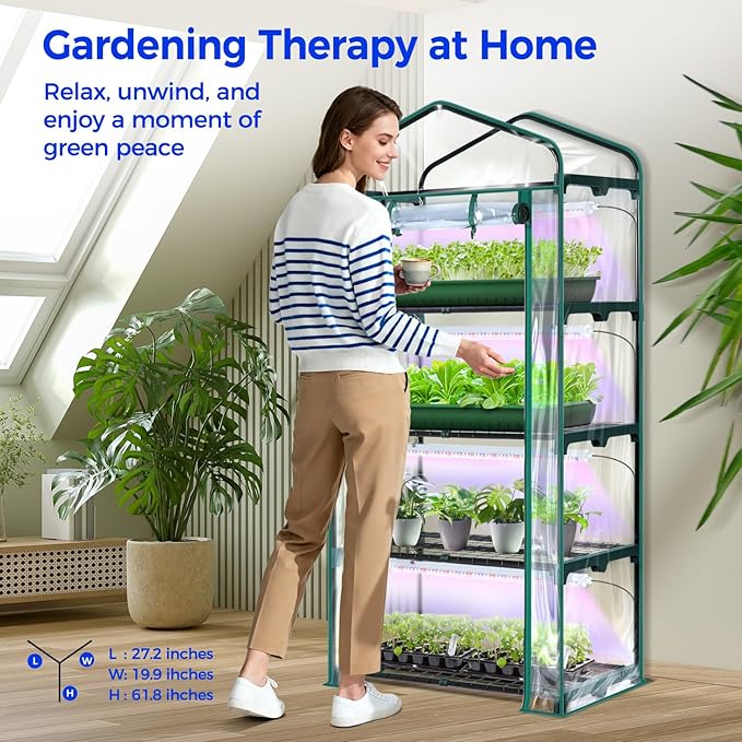 Indoor Greenhouse with Grow Light, Ohuhu 4-Tier Mini Green House for Winter - Full Spectrum Greenhouses for Seed Starting Small Portable Green Houses Waterproof PVC Cover & Adjustable Shelves - Image 7