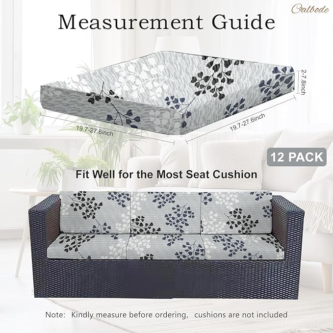 12Pcs Outdoor Stretch Cushion Covers,Waterproof Outdoor Chair Floral Cushion Covers for Patio Furniture, Washable Floral Couch Covers Replacement for Patio Furniture（Blue Grey） - Image 2