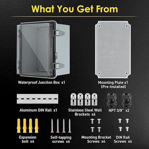 Waterproof Electrical Junction Box, IP67 ABS Plastic Junction Box Enclosure with Aluminum DIN Rail, Mounting Plate, Wall Brackets for WiFi Electronics Project, Clear (16.1''×12.2''×7.1'') - Image 5