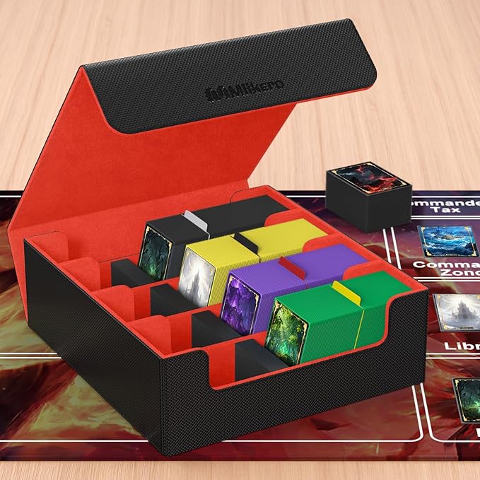 Mlikero Card Deck Case, 2400+ Trading Card Storage Box with 10 Colorful Dividers and 4 Foam Stoppers, Leather Magnetic Closure Commander Deck Box Fit for MTG, TCG (4 Rows, Black&Red) - Image 7