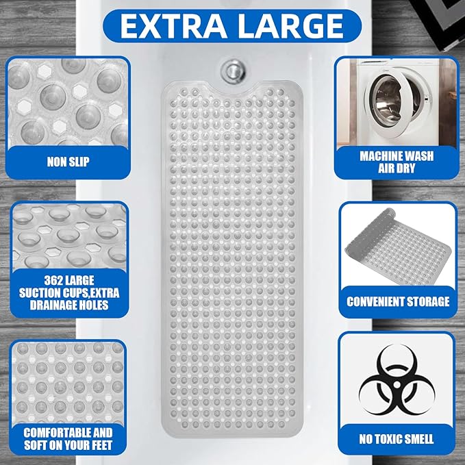 ZHICHENG Bath Tub and Shower Mats, Non-Slip 39 x 16 Inch Extra Long Bath Mat, Machine Washable Bathtub Mat with Drain Holes, Suction Cups for Bathroom (Colour) - Image 3