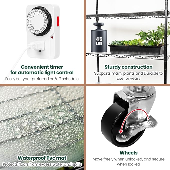 SOLIGT Plant Shelf with Grow Lights, 5 Tier Grow Light Stand Rack with 8 Pack 2FT 6000K T8 Full Spectrum Led Grow Lights for Indoor Plants, Seed Starting, Seedling Growing, Timer Included - Image 6
