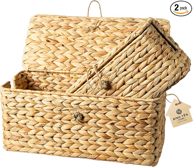 Wicker Cable Management Box with Lid, Set of 2 Handwoven Water Hyacinth Cords Hider Boxes for TV, Computer, Router, USB Hub to Hide Cords & Power Strip for Desk, Floor, Office by BINHYENHOME
