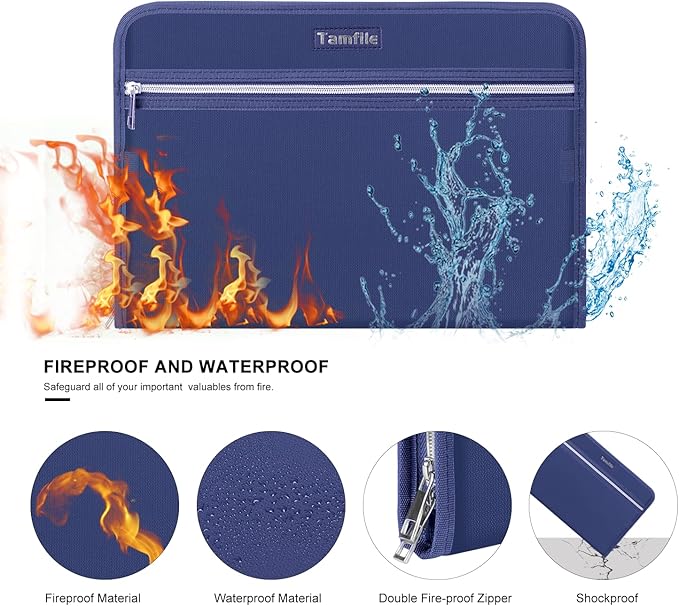 Fireproof Safe Accordion File Organizer Bag Folder,Waterproof Expanding Filing Folder with 14 Pockets, A4 Letter Size, Document Organizer Holder and Color Labels /2 Zipper, Navy Blue 14.3" x 9.8" - Image 3