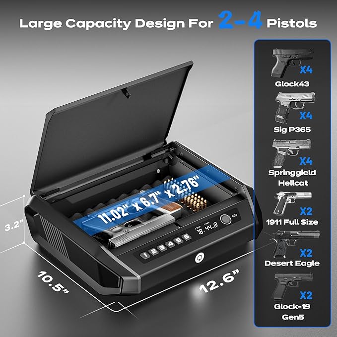 Gun Safe with LCD Display, ≤0.1s Quick Access Handgun Safe for 2-4 Pistols, Hand Gun Lock Box with Fingerprint | Keypad | and Keys for Home Drawer Bedside Nightstand - Image 6