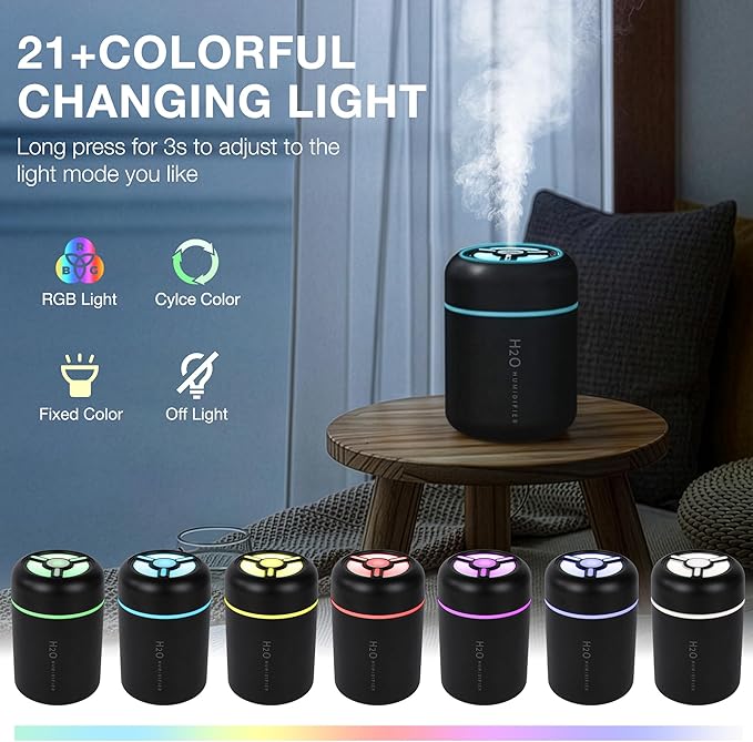 Portable Mini Humidifier, 300ml USB Cool Mist Small Humidifier with Colorful Lights. Perfect for Bedroom, Office, Plants, travel & Car (Black) - Image 4