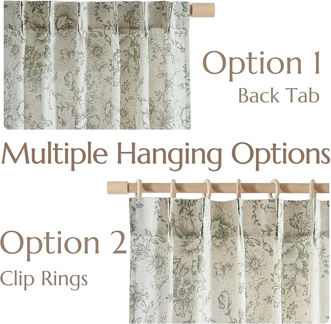 jinchan Pinch Pleated Curtains Floral Linen Blend Curtains for Living Room 108 Inches Length Green Peony Flower Printed Curtain Rod Pocket Back Tab Farmhouse Drapes with Hooks Set 2 Panels - Image 3
