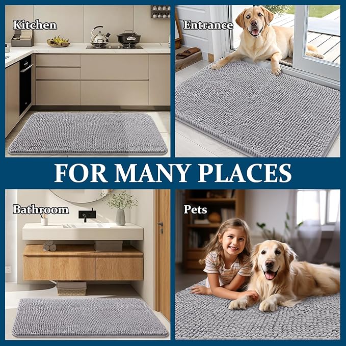 OLANLY Dog Door Mat for Muddy Paws 47x20, Absorbs Moisture and Dirt, Absorbent Non-Slip Washable Doormat, Quick Dry Chenille Mud Mat for Dogs, Entry Indoor Entryway Carpet for Inside Floor, Light Grey - Image 8