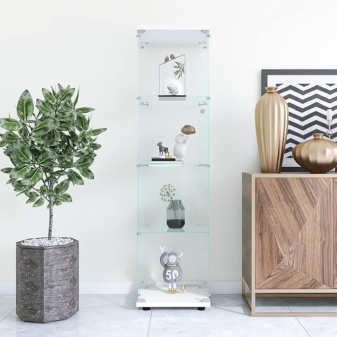 Yoluckea 4 Shelves Glass Display Cabinet with Door, Curio Collection Display Case for Home Office, Floor Standing Bookshelf Corner Cabinet Upgrade Assembly (White) - Image 10