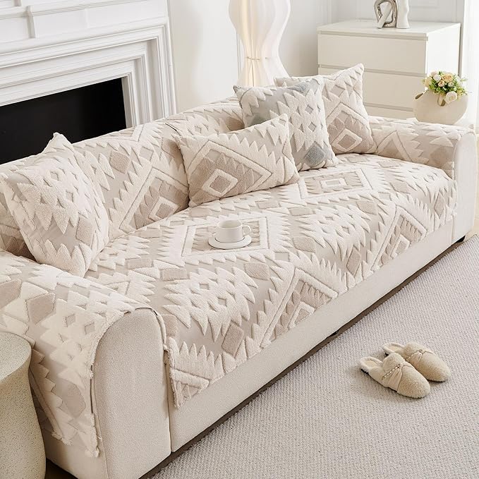 Boho Plush Couch Covers for Sofa Washable, Fuzzy Soft Couch Cover for Sectional Sofa, Non Slip Jacquard Sofa Cover Furniture Protector for Kids, Pets (Light Coffee,43"x94") - Image 7
