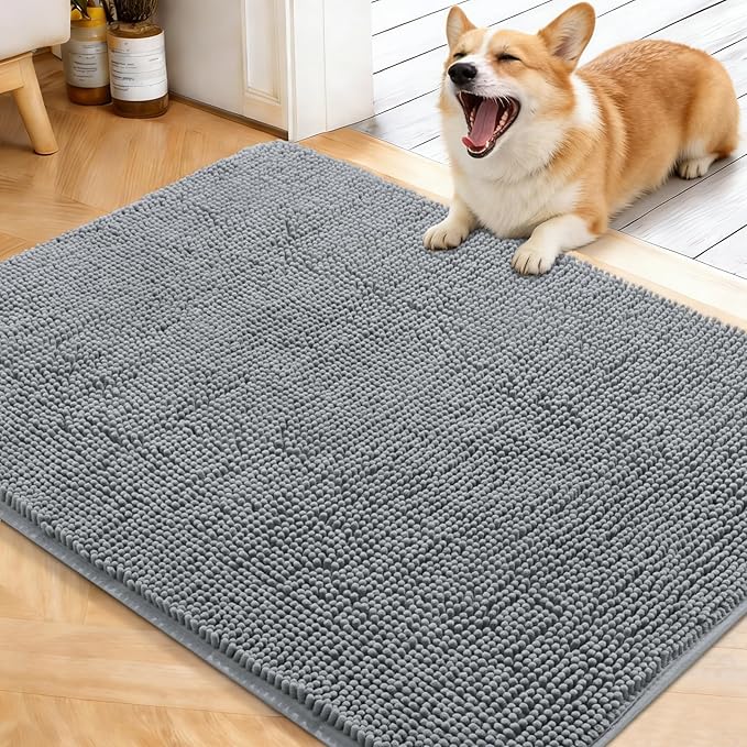 OLANLY Dog Door Mat for Muddy Paws 40x32, Absorbs Moisture and Dirt, Absorbent Non-Slip Washable Doormat, Quick Dry Chenille Mud Mat for Dogs, Entry Indoor Entryway Carpet for Inside Floor, Grey by OLANLY