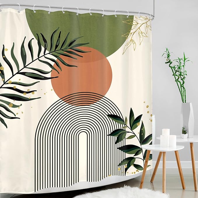 Green Boho Shower Curtain 60Wx72H Abstract Bohemian Modern Leaves Mid Century Minimalist Contemporary Plant Bathroom Decor Simple Neutral Bath Curtain Fabric Polyester 12 Pack Hooks - Image 3