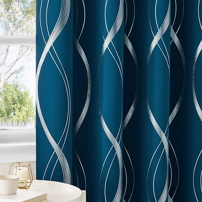 NICETOWN Moroccan Blue Blackout Curtains 84 inch Long for Living Room, Art Decor Scandinavian Style for Festival Wave Line Foil Print Design Drapes for Wall Cover, W52 x L84, 2 Panels - Image 5