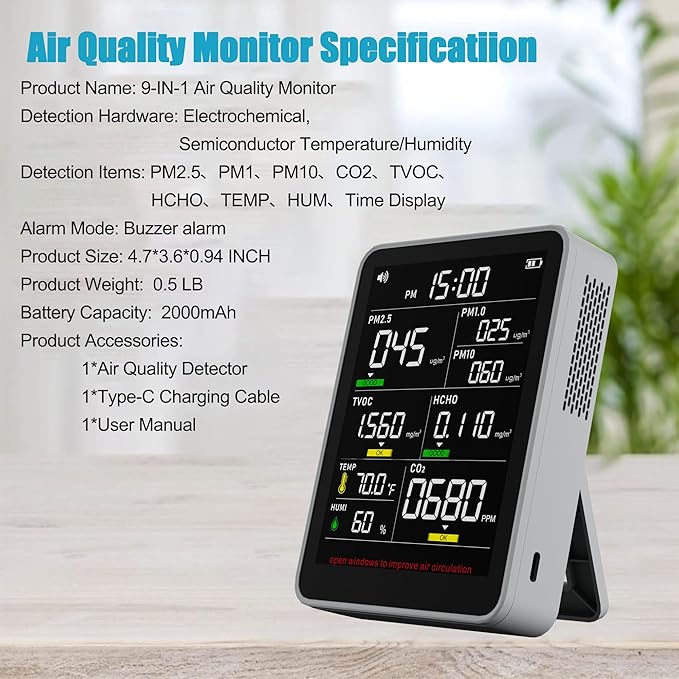 XOOPON 13-in-1 Indoor Air Quality Monitor with PM1.0/2.5/10, CO2, HCHO, TVOC, Temp, Humidity & Time, 4 Alarm Modes, Portable Air Quality Tester for Home, Office, Car, Wall-Mount or Desktop Use - Image 9