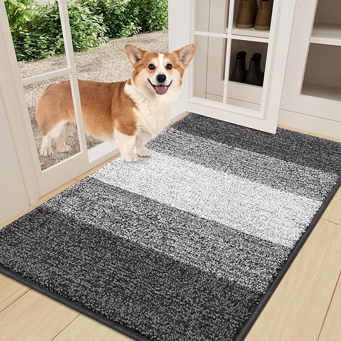 Smiry Dog Door Mat for Muddy Paws, Absorbs Moisture and Dirt, Low-Profile Entryway Mat with Non-Slip Backing, Entry Indoor Outdoor Doormat for Inside Floor (36x24 Inches, Grey, Striped) by Smiry