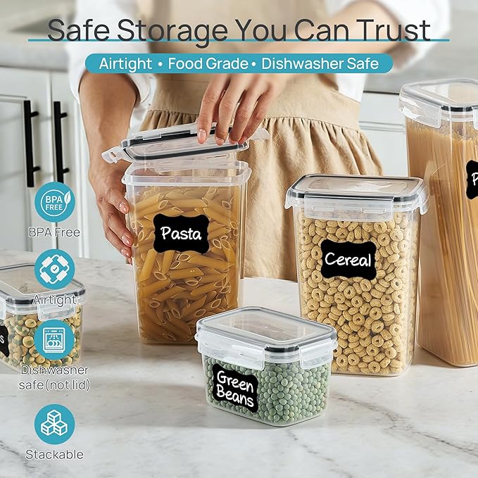 Airtight Food Storage Containers with Lids, Vtopmart 24 pcs Plastic Kitchen and Pantry Organization Canisters for Cereal, Dry Food, Flour and Sugar, BPA Free, Includes 24 Labels，Black - Image 4