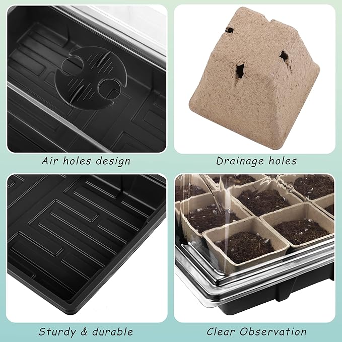 4 Pack Seed Starter Tray Kit, 120 Square Seed Peat Pots for Seedlings with Plants Labels, Planting Tools, Plastic Growing Germination Trays with Lids for Indoor Outdoor Gardening, Black - Image 3