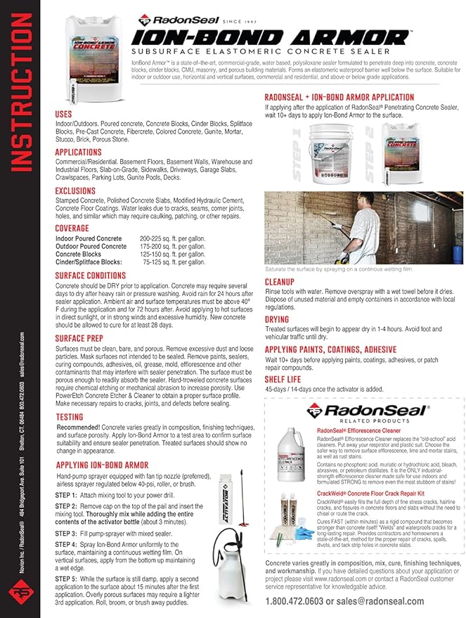 Ion-Bond Armor Industrial Concrete Sealer - 5 Gals. Waterproofing Sealer for Basement Walls, Cinder Blocks, Concrete Slabs, Fiber-Reinforced, Crawlspaces, Garage Floors. Penetrates Through Latex Paint - Image 5