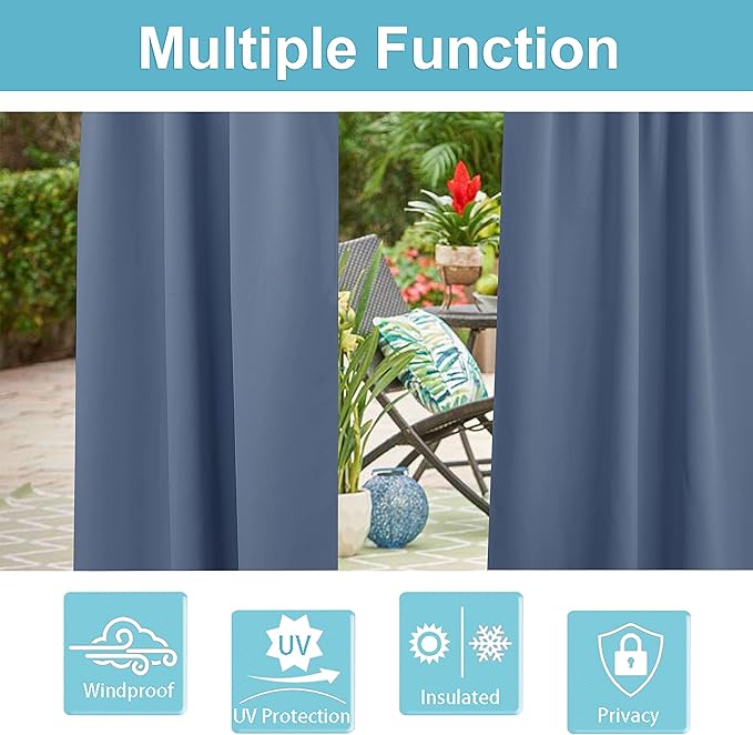 RYB HOME Outdoor Waterproof Curtains for Patio - Weather Resistant Waterproof Indoor/Outdoor Curtains Rustproof Privacy Outdoor Shades for Porch Corridor Pavilion, W100 x L120 inch, 1 Pc, Stone Blue - Image 5
