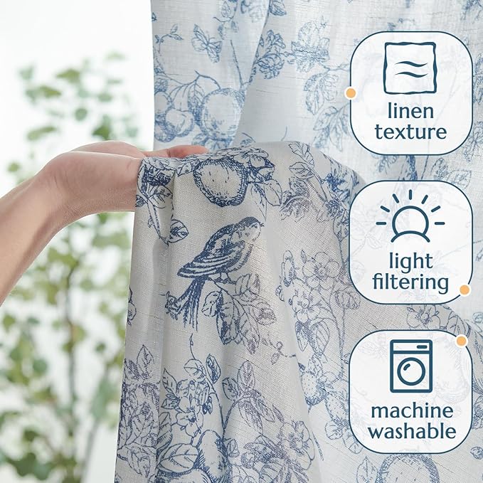 jinchan Linen Floral Curtains for Living Room 96 Inch Length Blue Printed Flower French Country Curtain Farmhouse Cottage Core Toile Curtains Back Tab Light Filtering Window Drapes Set 2 Panels - Image 3