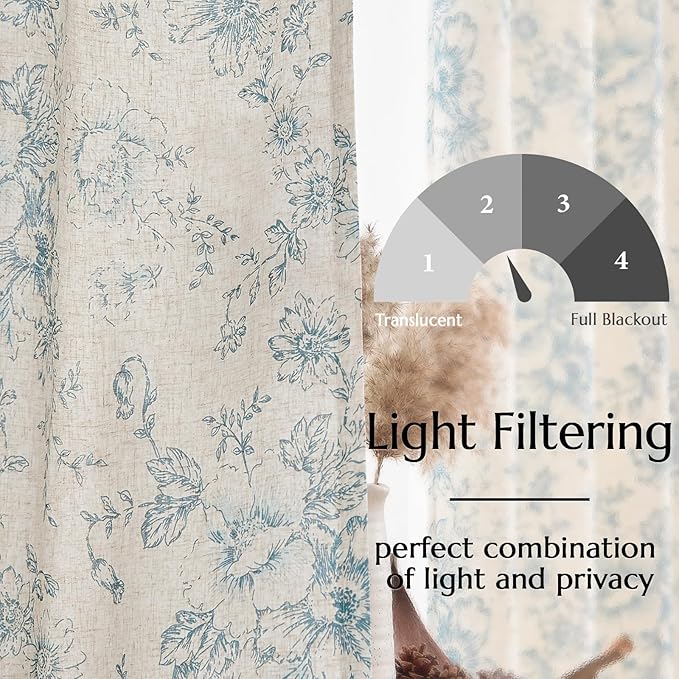 jinchan Lined Linen Blend Curtain Floral Curtains for Living Room 63 Inch Length Blue Peony Flower Printed Curtain Rod Pocket Back Tab Farmhouse Patterned Drapes Bedroom Window Curtains Set 2 Panels - Image 4
